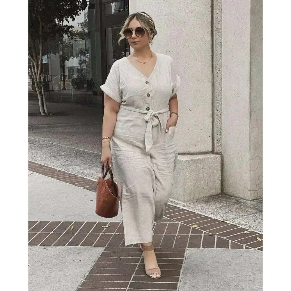H&M Linen Viscose Blend Jumpsuit Overalls Beige